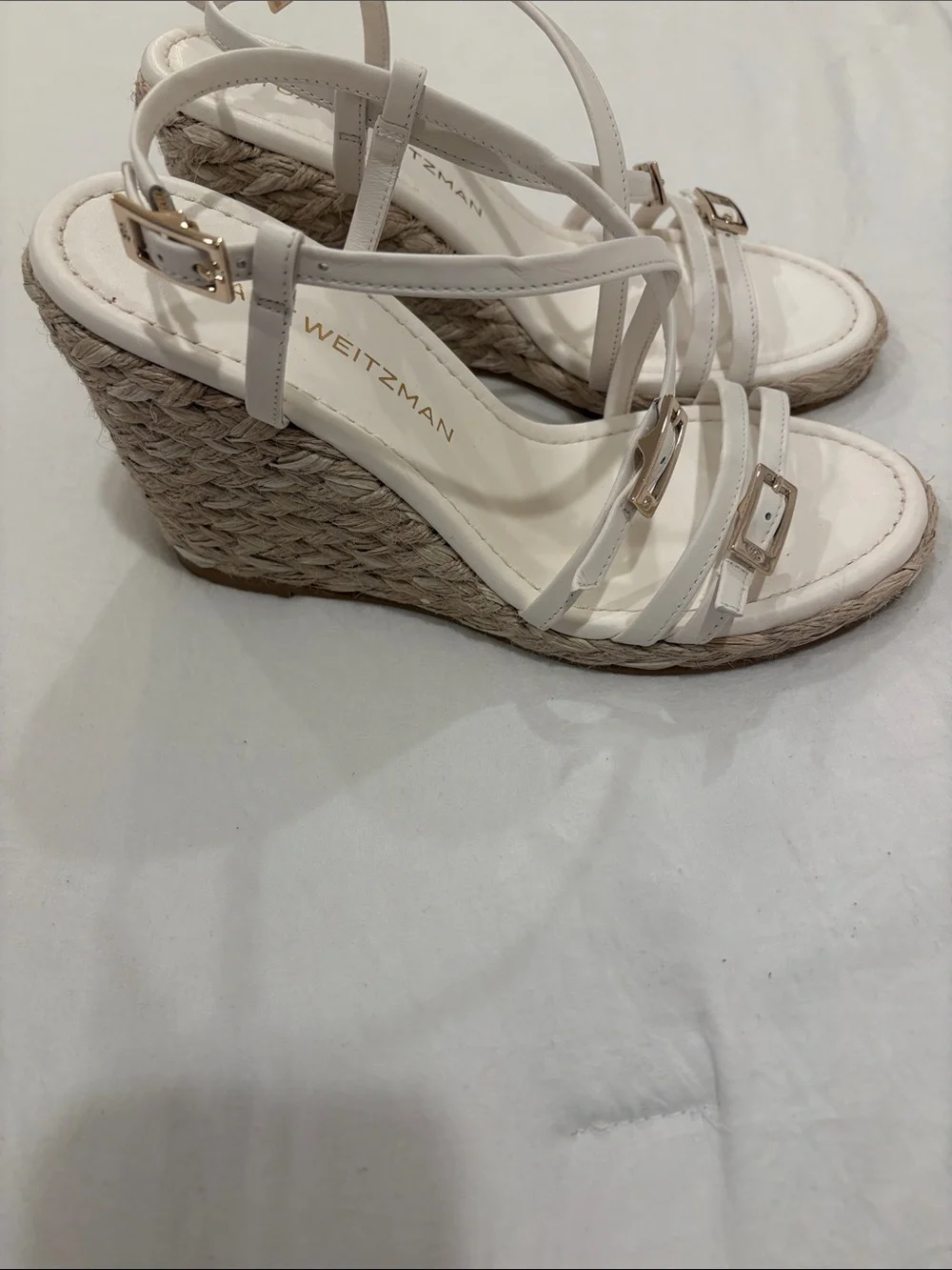 Stuart Weitzman White Leather Espadrille Wedge Sandals with Gold Buckles - Picture 4 of 6